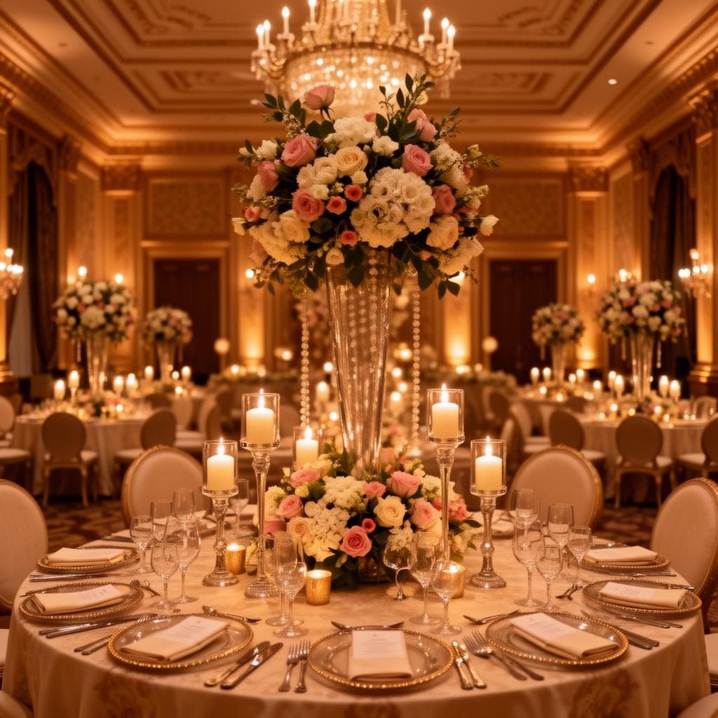 Luxury dinner reception with floral table decorations at Kannur Gardens wedding venue