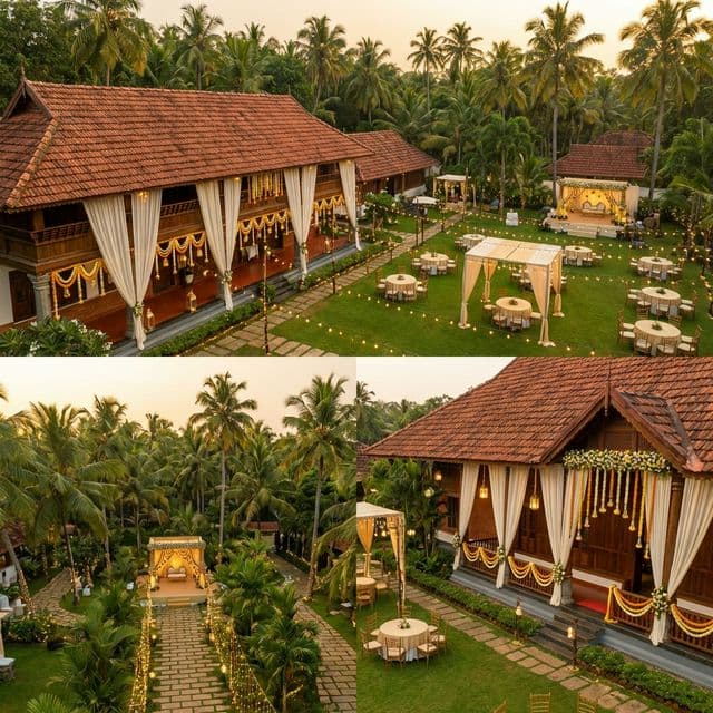 Aerial view of Kannur Gardens wedding venue with landscaped lawns and traditional Kerala architecture