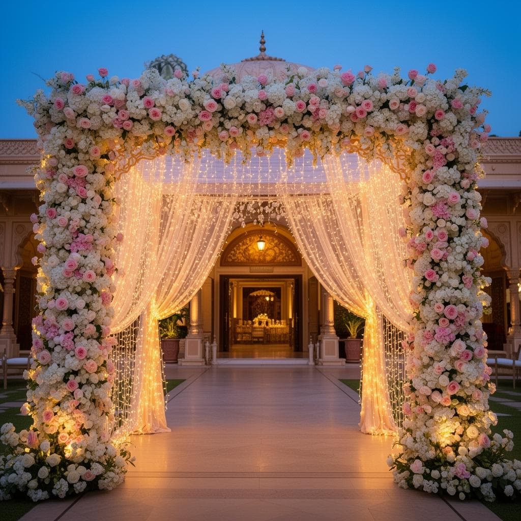 Floral entrance archway and pathway decoration at Kannur Gardens event venue