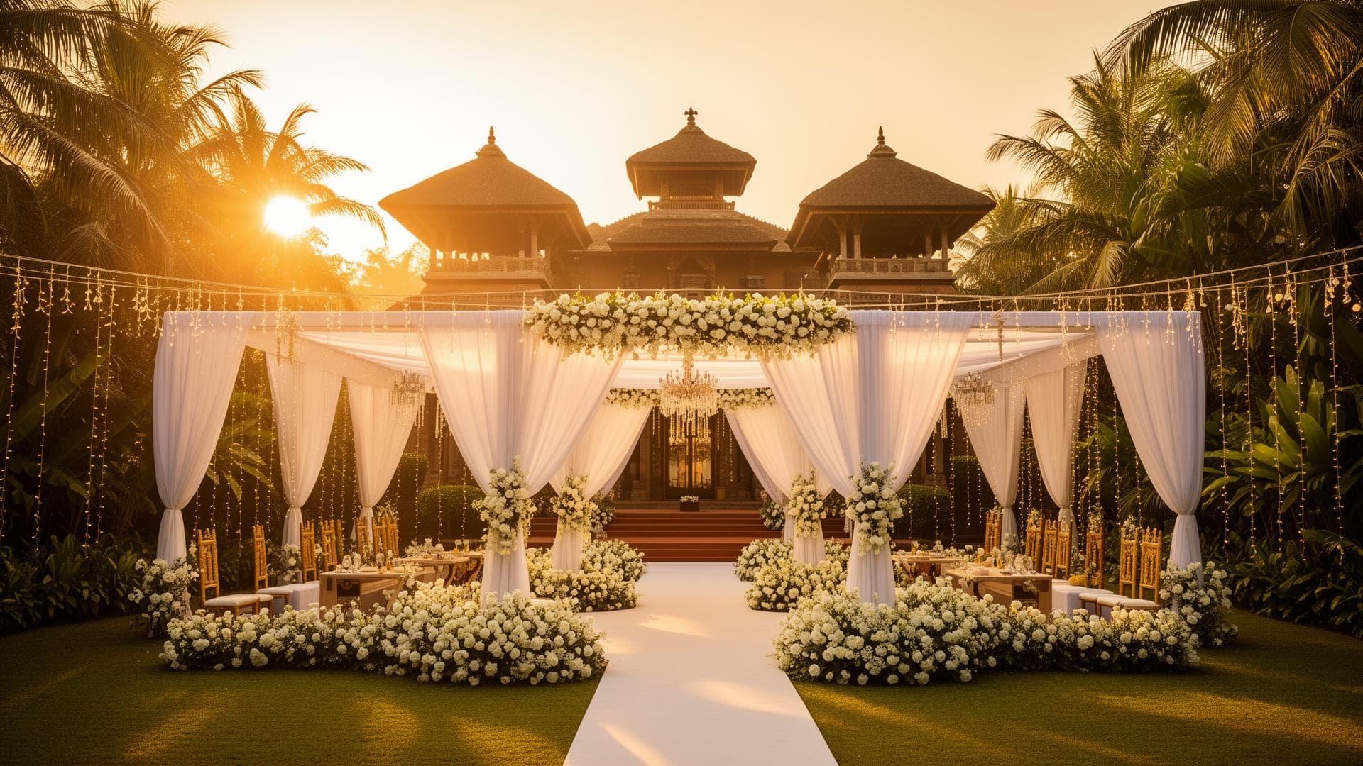 Kannur Gardens luxury wedding venue with decorated outdoor garden setup and floral mandap in Kannur Kerala
